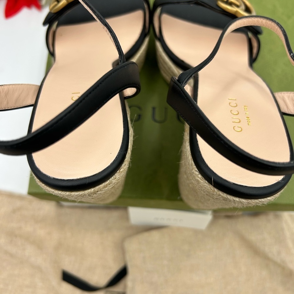 Gucci women's Black GG leather Wedge espadrille Sandals size 41 fits 10 US - Picture 5 of 10